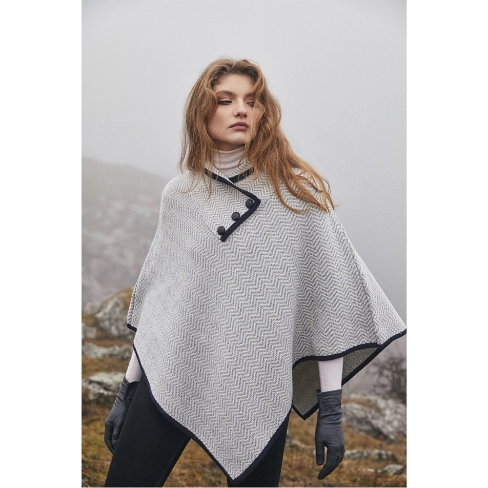 Classic Chevron Knit Poncho with Contrast Trim - White, grey and navy